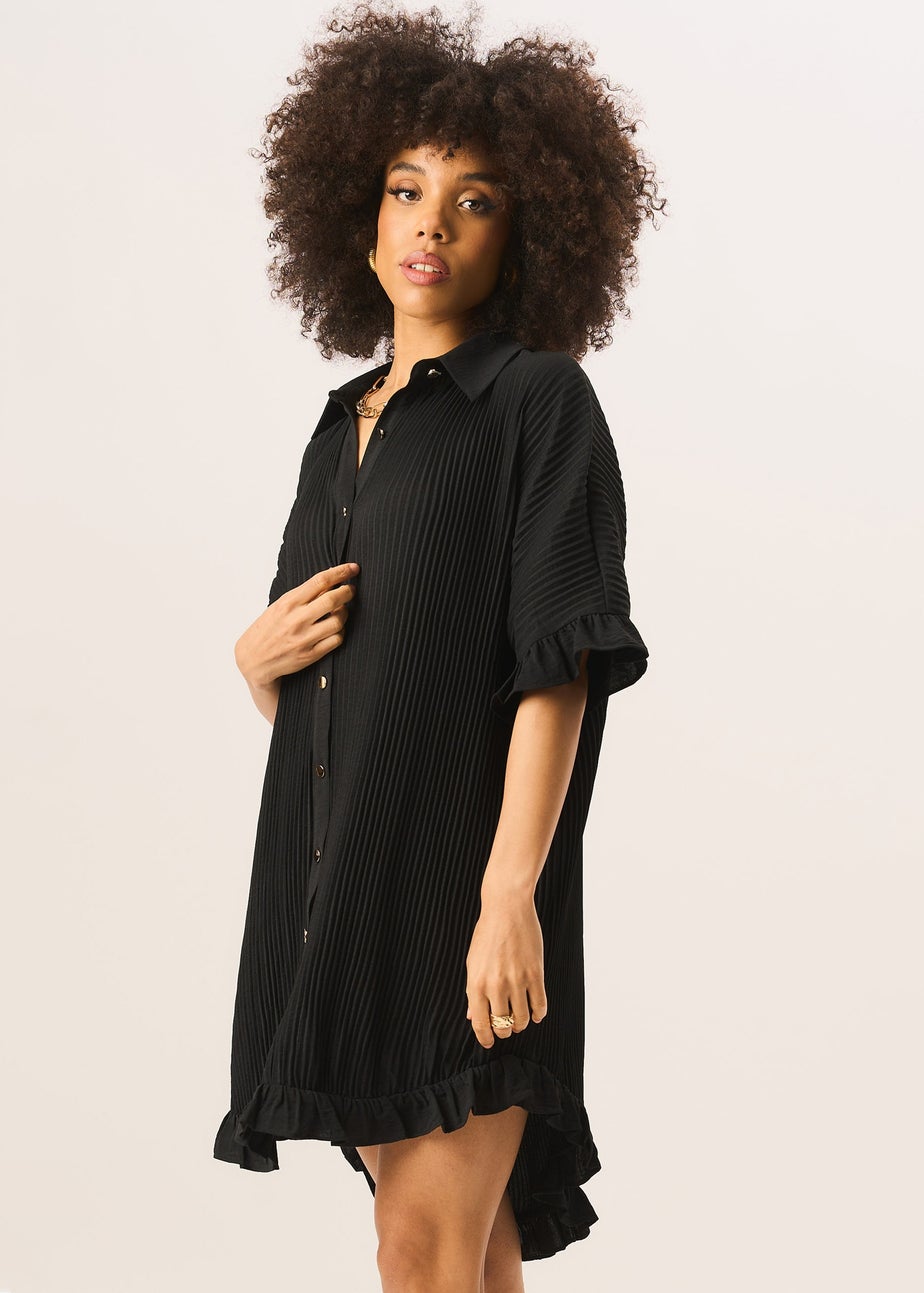 Gini London Black Plisse Frill Detail Oversized Shirt Dress