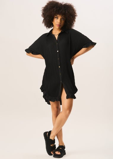 Gini London Black Plisse Frill Detail Oversized Shirt Dress