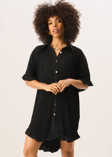 Gini London Black Plisse Frill Detail Oversized Shirt Dress
