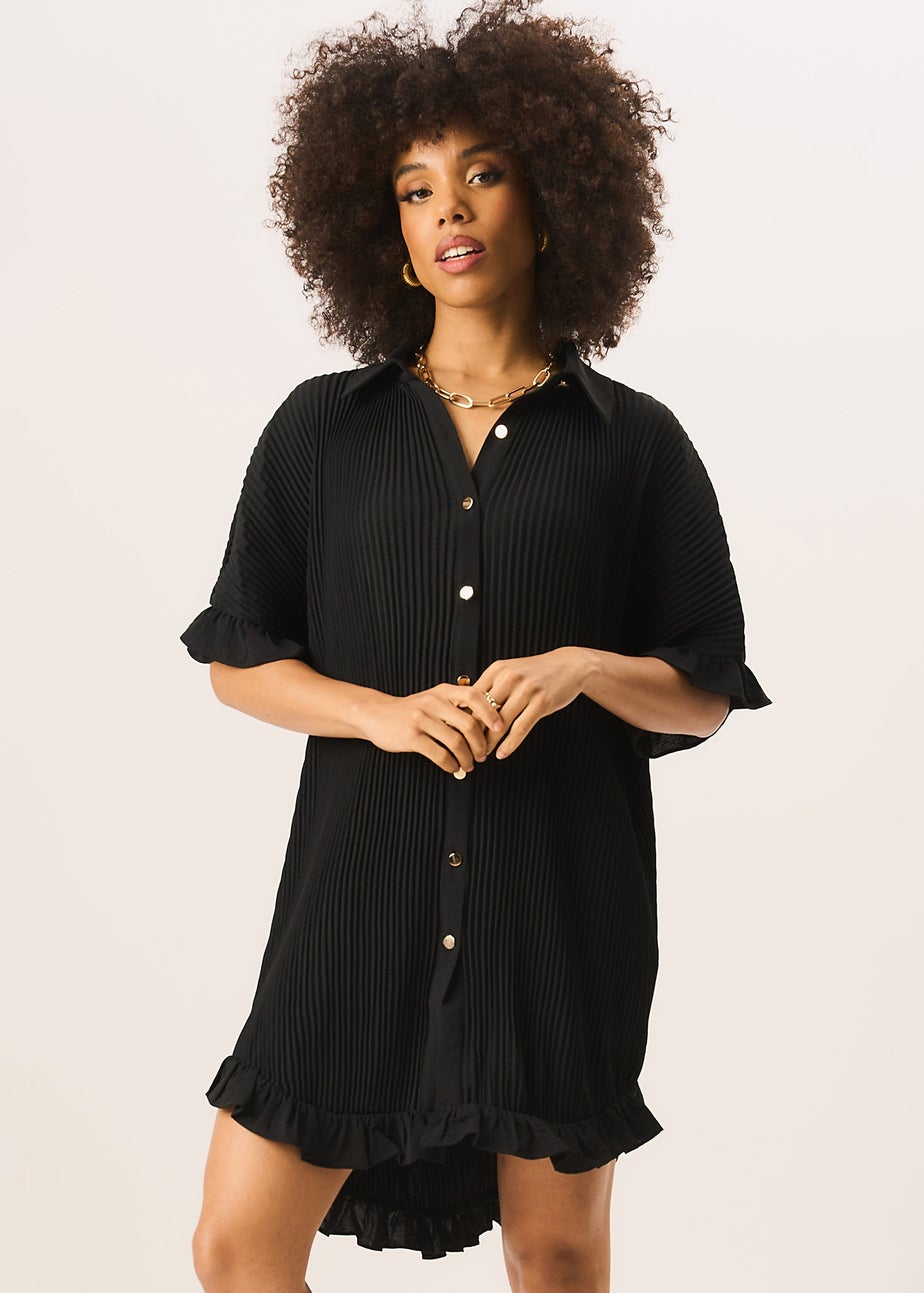 Gini London Black Plisse Frill Detail Oversized Shirt Dress