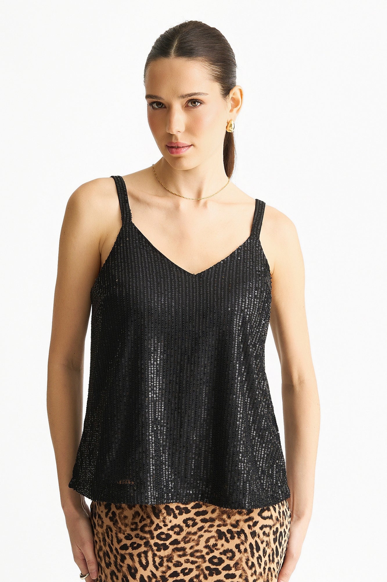 Gini London Black Sequin V Neck Cami Top - Matalan