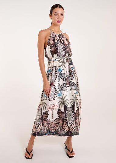 Blue Vanilla Black Halter Neck Satin Belted Midi Dress