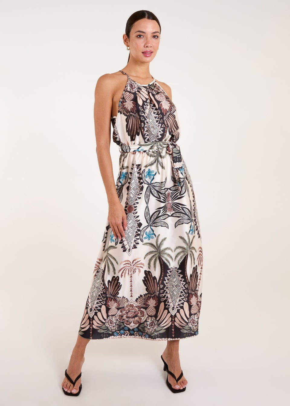 Blue Vanilla Black Halter Neck Satin Belted Midi Dress