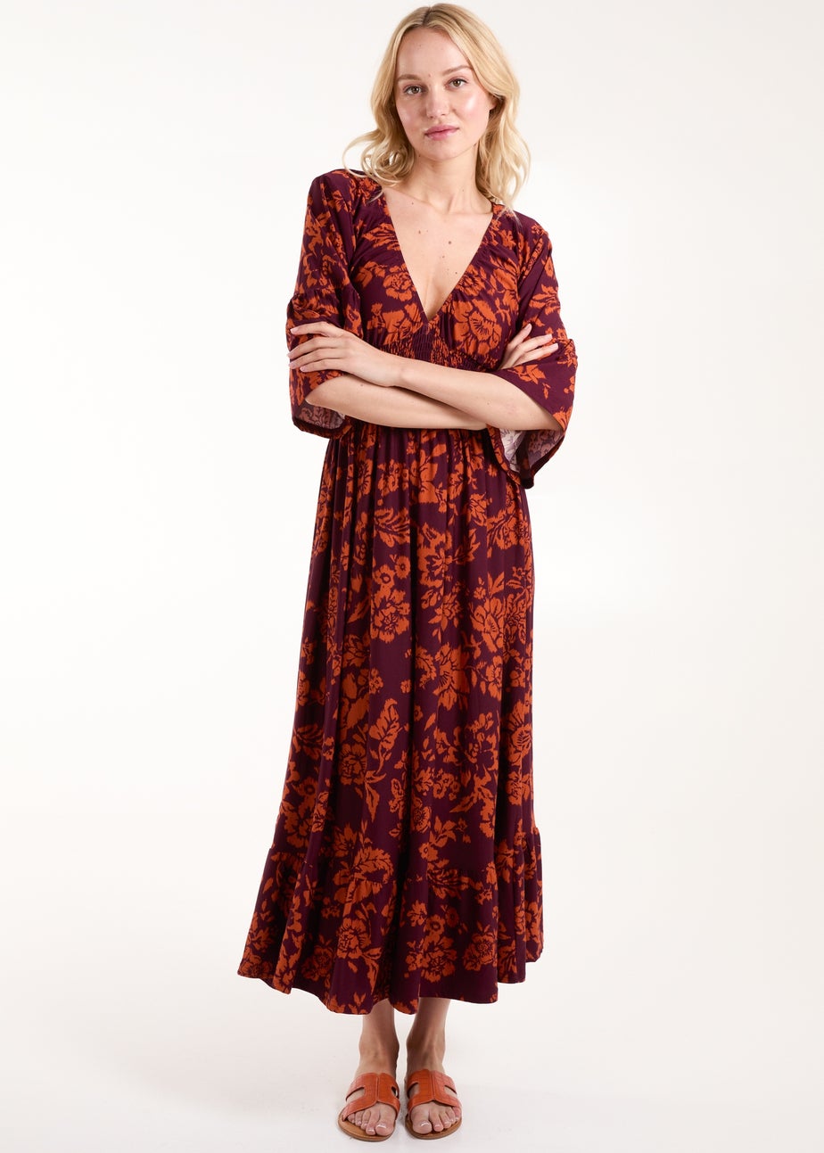 Blue Vanilla Burgundy Elasticated Neck Shirred Waist Midi Dress