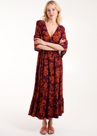 Blue Vanilla Burgundy Elasticated Neck Shirred Waist Midi Dress