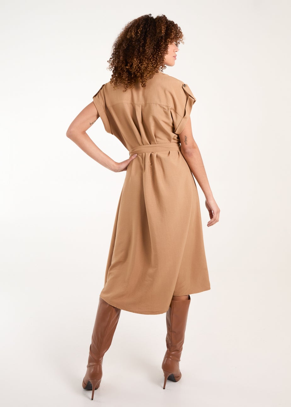 Blue Vanilla Tan Button Front Midi Utility Shirt Dress