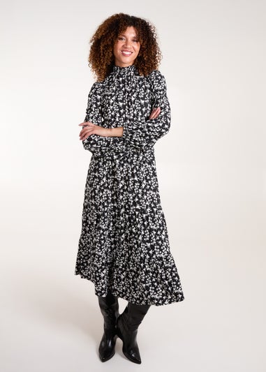 Blue Vanilla Black/White High Neck Shirred Tiered Midi Dress