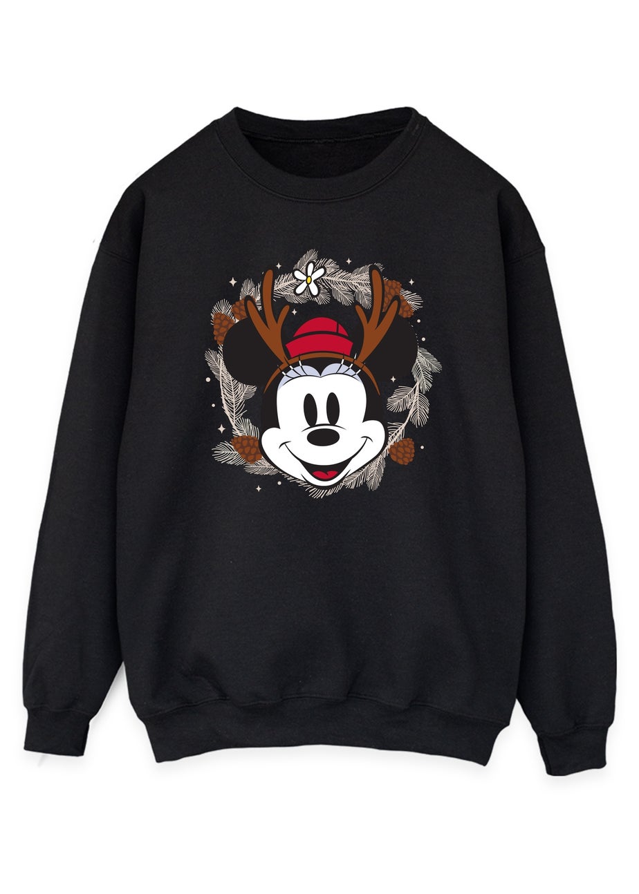 Disney Minnie Mouse Reindeer Wreath Women Black Graphic Sweatshirt