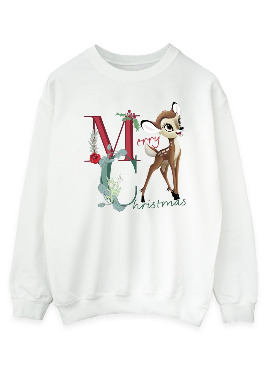 Disney Bambi Merry Christmas Women White Graphic Sweatshirt