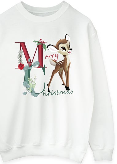 Disney Bambi Merry Christmas Women White Graphic Sweatshirt