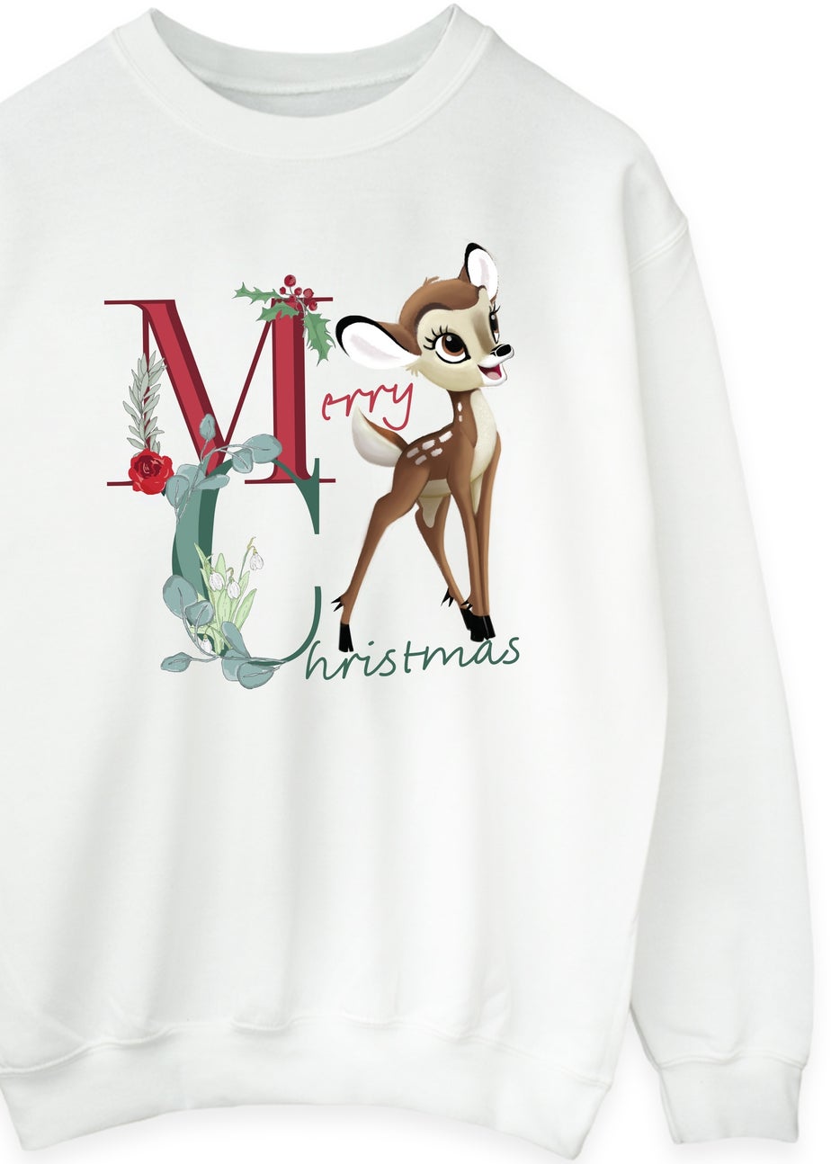 Disney Bambi Merry Christmas Women White Graphic Sweatshirt