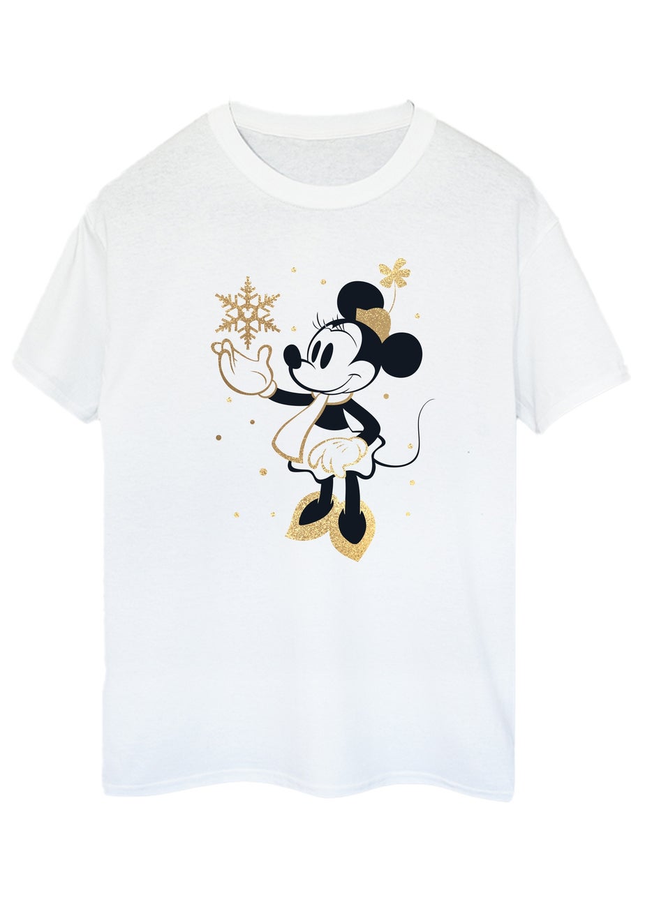 Disney Minnie Mouse Christmas Golden Snow Women White Boyfriend Fit Graphic T-Shirt