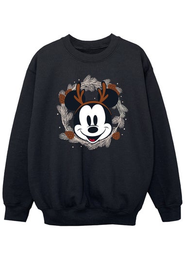 Disney Mickey Mouse Reindeer Wreath Boys Black Graphic Sweatshirt (3-13 Years)