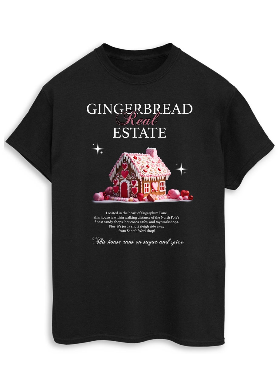 Christmas Gingerbread House Women Black Boyfriend Fit Graphic T-Shirt