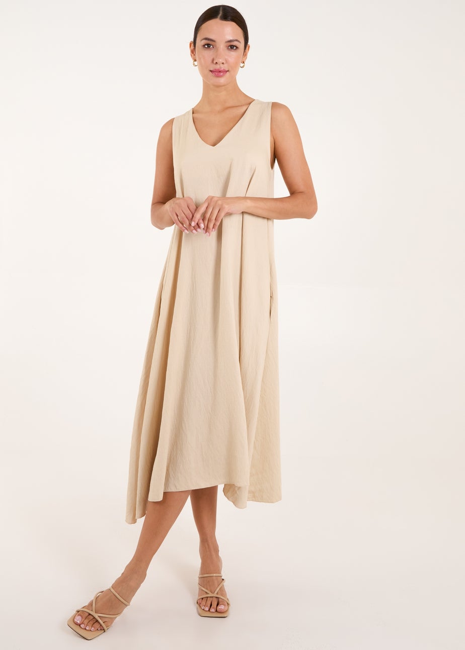 Blue Vanilla Beige V Neck Midi Dress