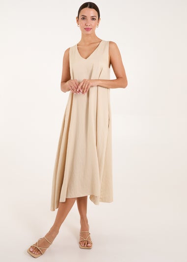 Blue Vanilla Beige V Neck Midi Dress