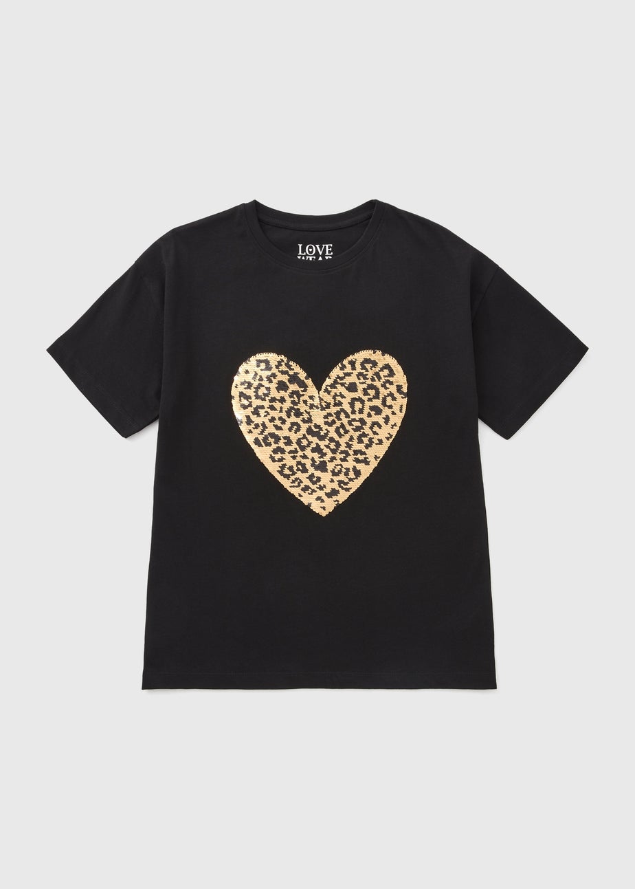 Girls Black Sequin Leopard Heart T-Shirt (7-15yrs)