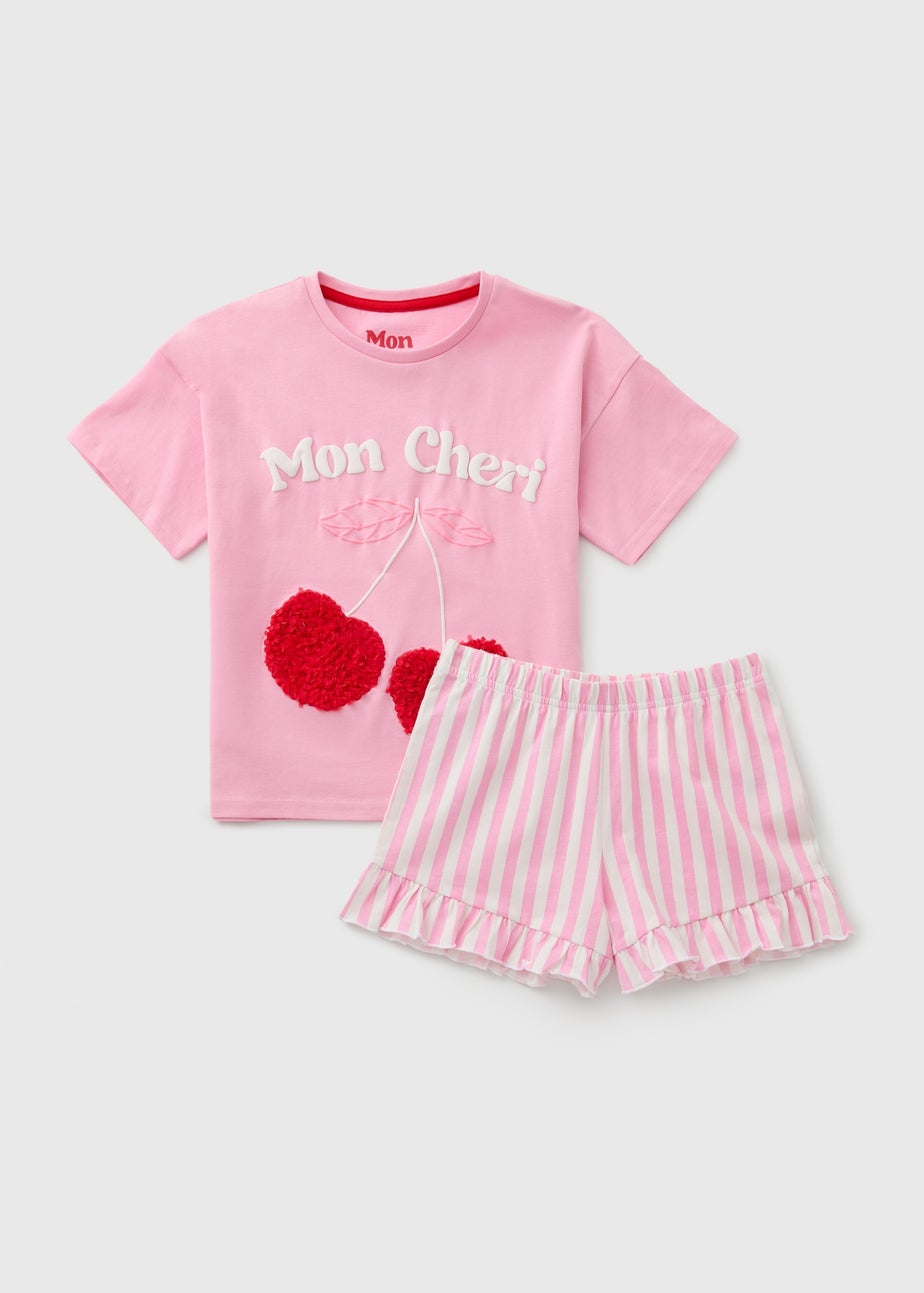 Girls Pink Cherry Stripe Frill Pyjama Set (7-13yrs)