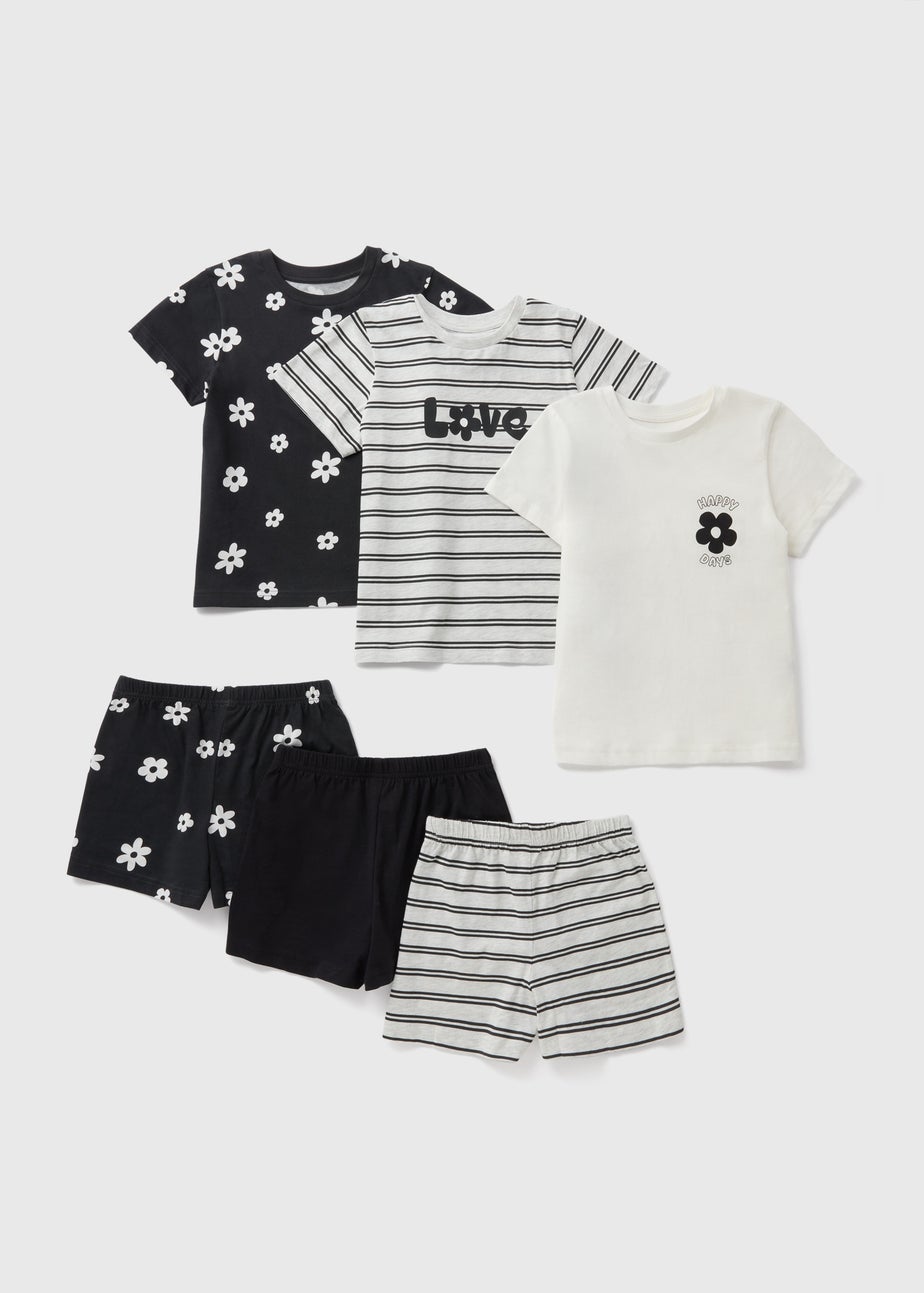 3 Pack Girls Black Daisy Shorts Pyjama Set (7-13yrs)