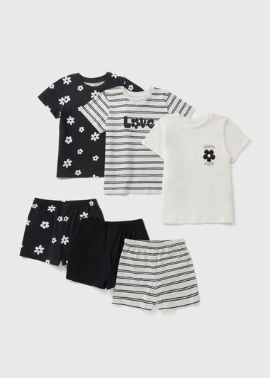 3 Pack Girls Black Daisy Shorts Pyjama Set (7-13yrs)
