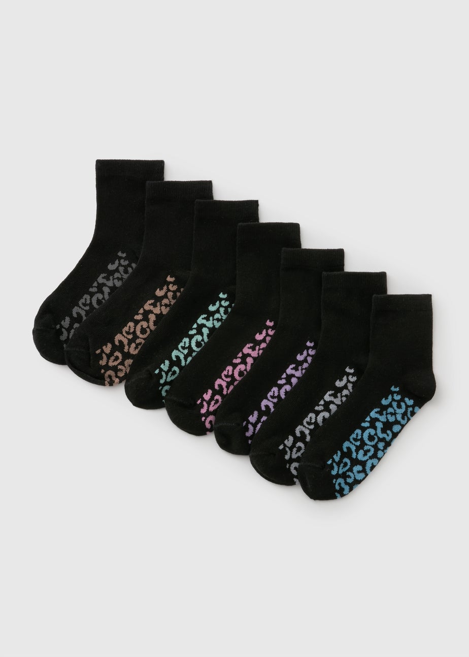 7 Pack Girls Black Leopard Socks (Younger 6-Older 6.5)
