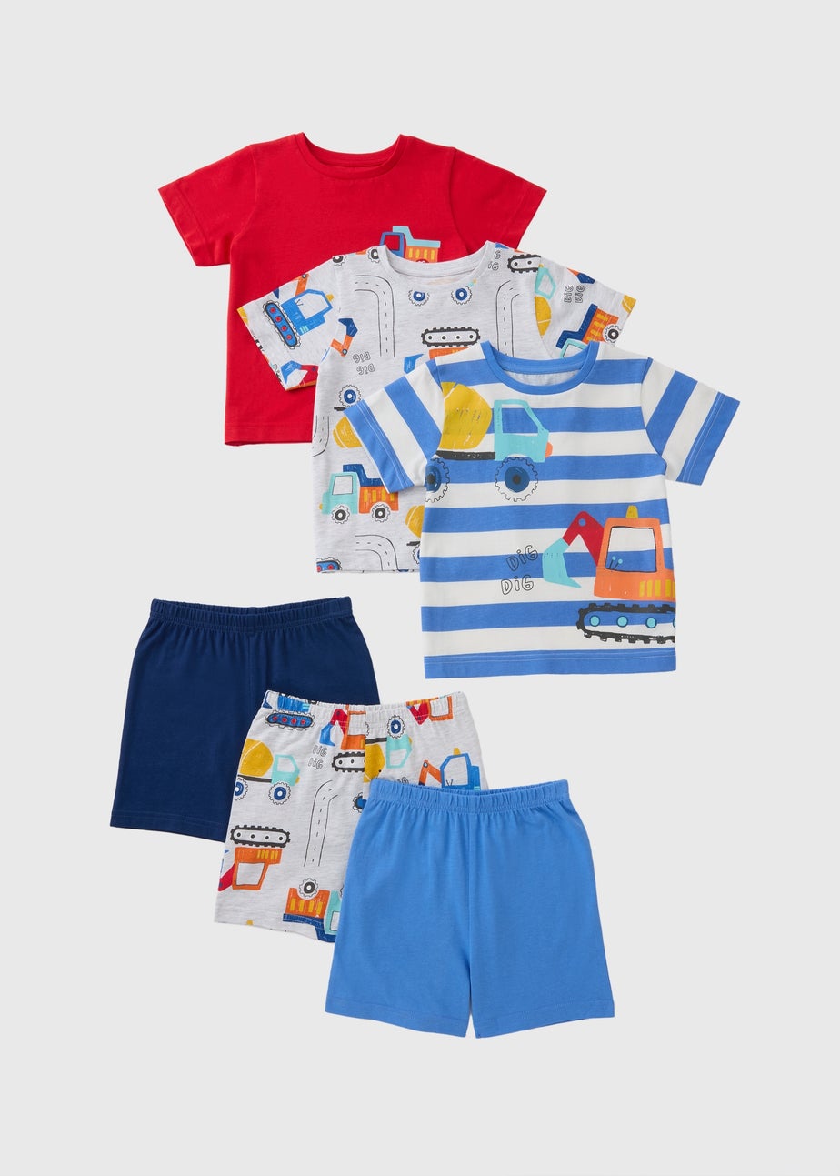 Boys 3 Pack Red Transport Pyjama Top & Shorts Set (1-7yrs)