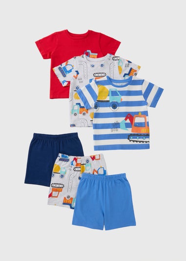 Boys 3 Pack Red Transport Pyjama Top & Shorts Set (1-7yrs)