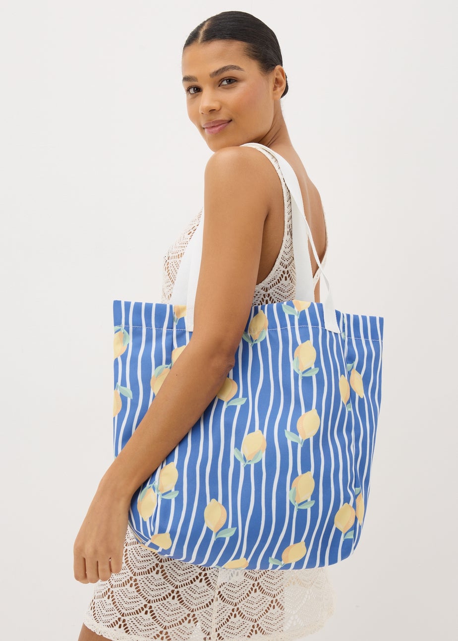 Blue Stripe Lemon Beach Bag