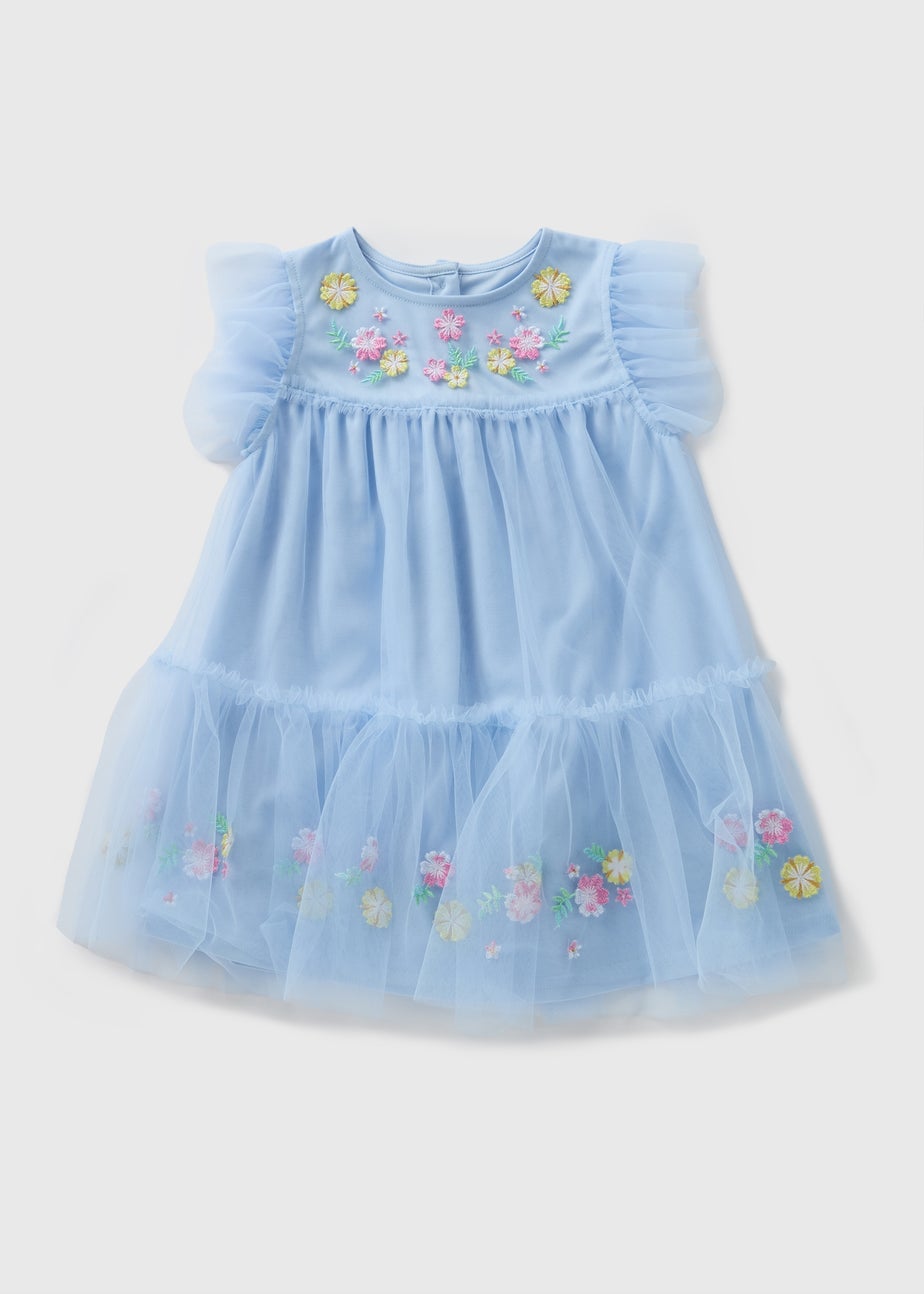 Girls Blue Floral Embroidered Mesh Dress (1-7yrs)