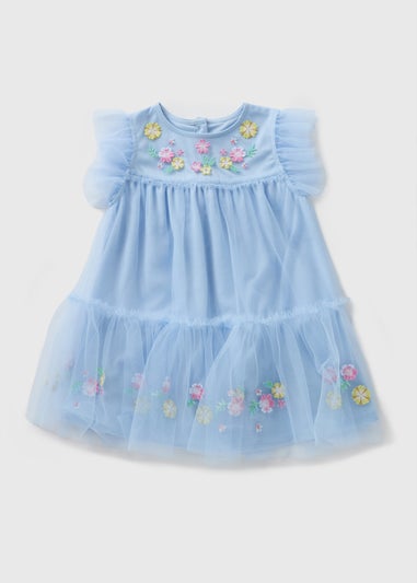 Girls Blue Floral Embroidered Mesh Dress (1-7yrs)