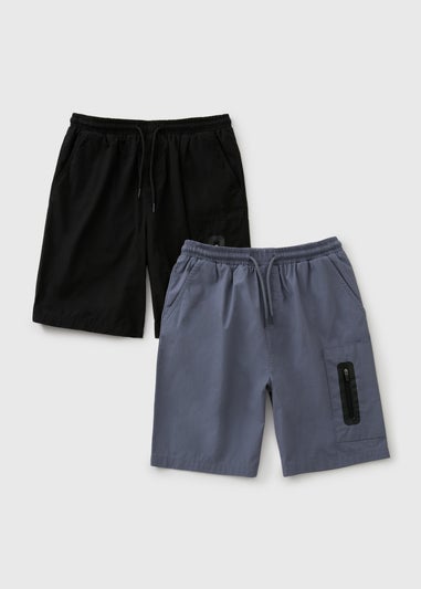 2 Pack Boys Blue & Black Woven Zip Shorts (7-15yrs)