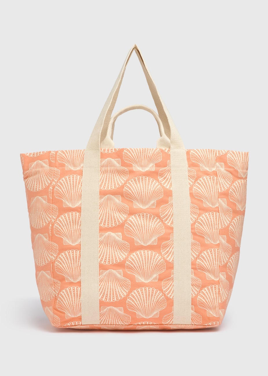 Peach Shell Print Beach Tote Bag