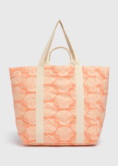 Peach Shell Print Beach Tote Bag
