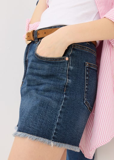 Blue Dark Wash Frayed Hem Denim Shorts