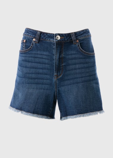 Blue Dark Wash Frayed Hem Denim Shorts