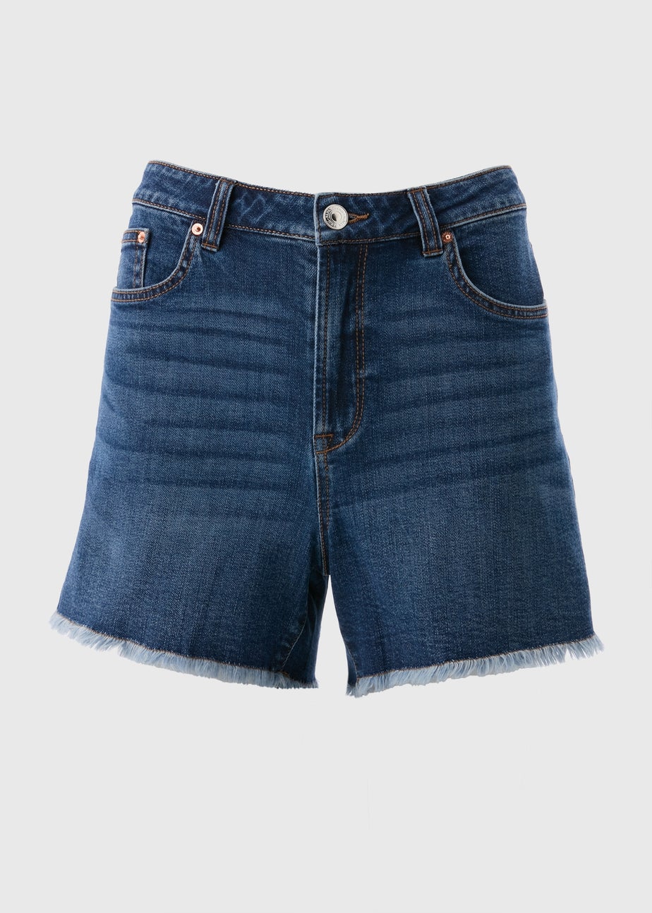Blue Dark Wash Frayed Hem Denim Shorts