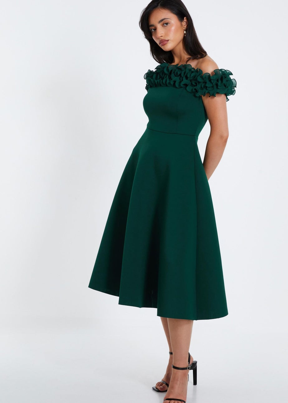 Quiz Green Bardot Ruffle Skater Midi Dress
