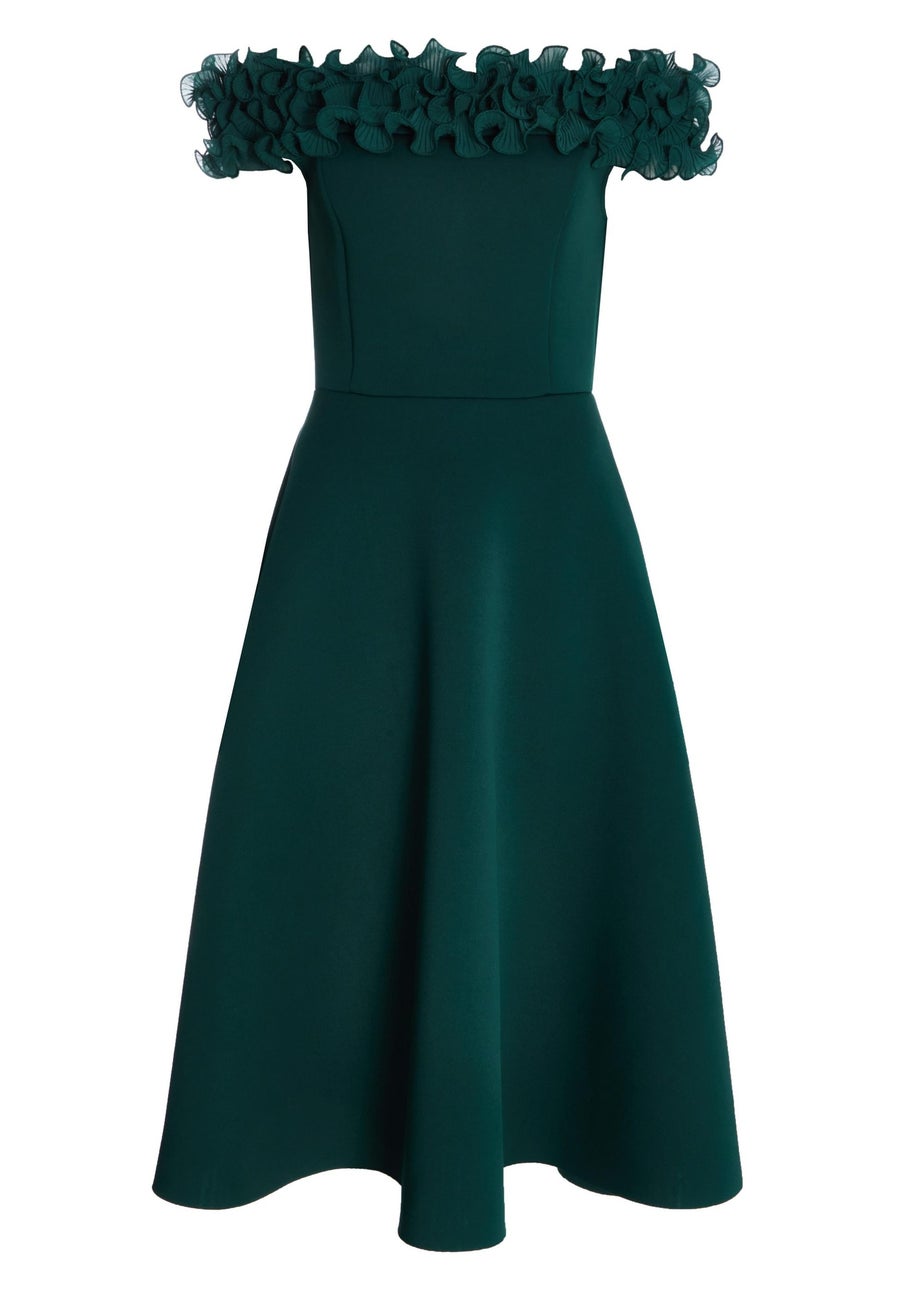 Quiz Green Bardot Ruffle Skater Midi Dress