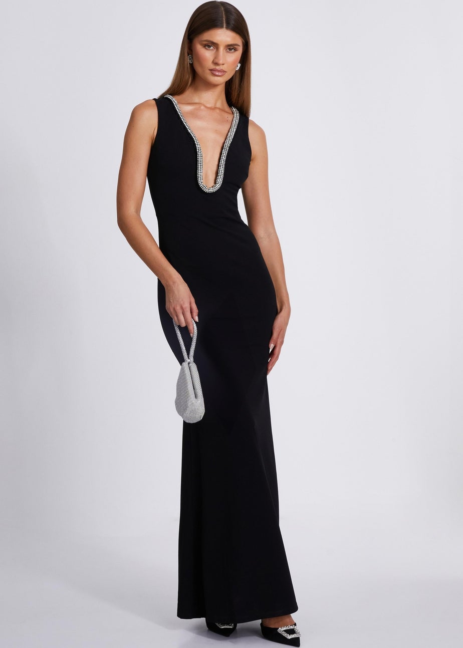 Quiz Black Diamante Trim Maxi Dress