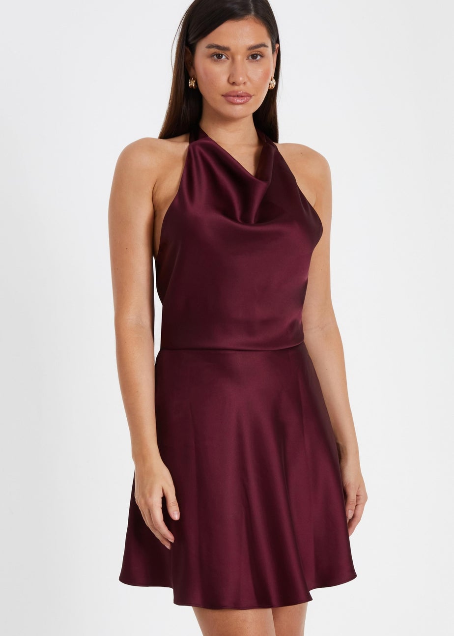 Quiz Burgundy Satin Mini Skater Dress