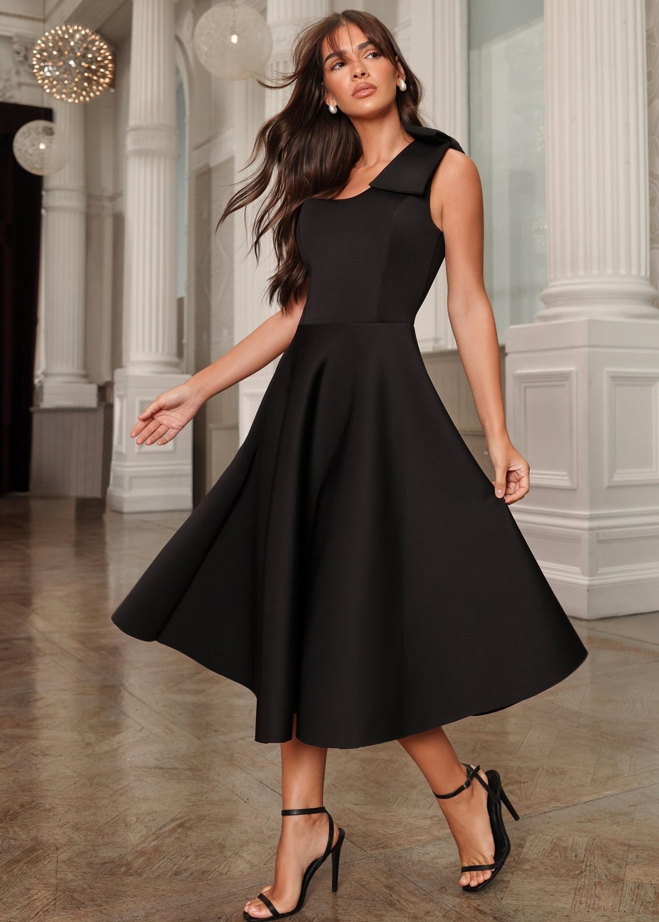 Quiz Black One Shoulder Bow Skater Midi Dress