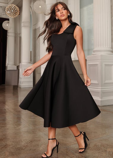 Quiz Black One Shoulder Bow Skater Midi Dress