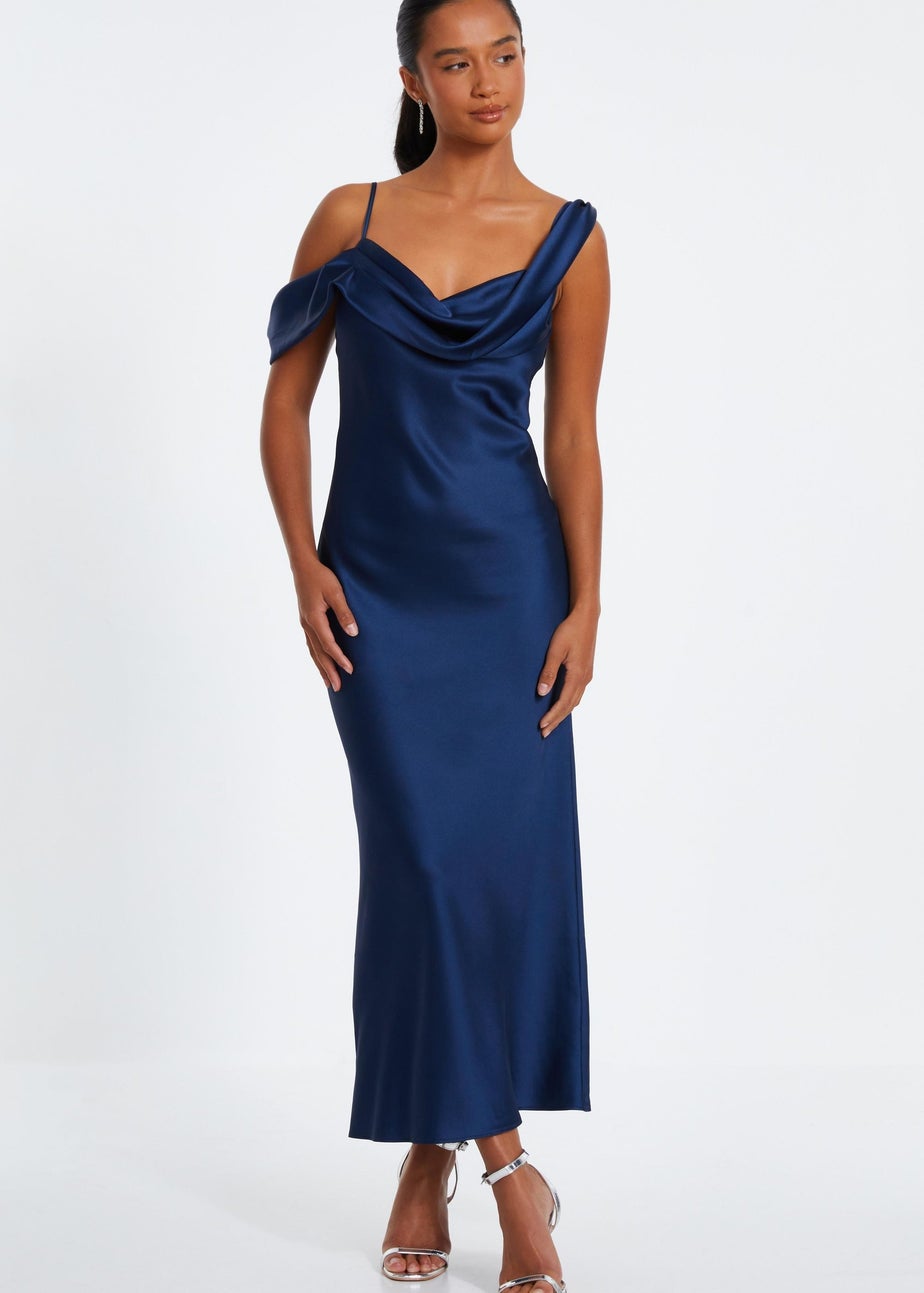 Quiz Navy Petite Satin Drop Shoulder Midaxi Dress