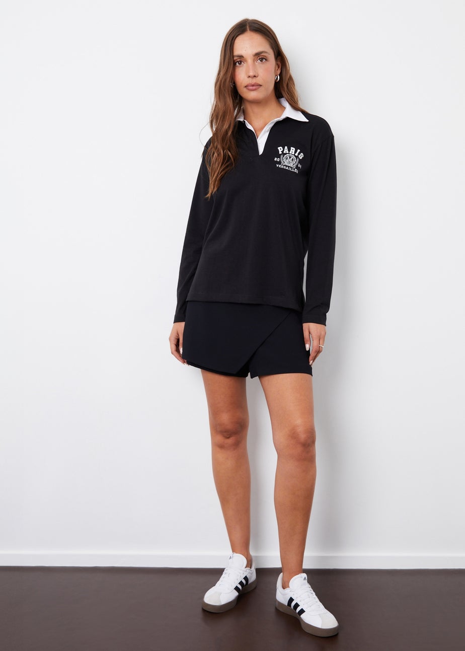 Threadbare Black Apollo Paris Embroidery Rugby Shirt