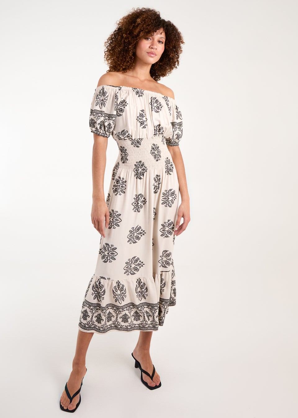 Blue Vanilla White Batik Print Shirred Waist Midi Dress