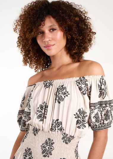 Blue Vanilla White Batik Print Shirred Waist Midi Dress