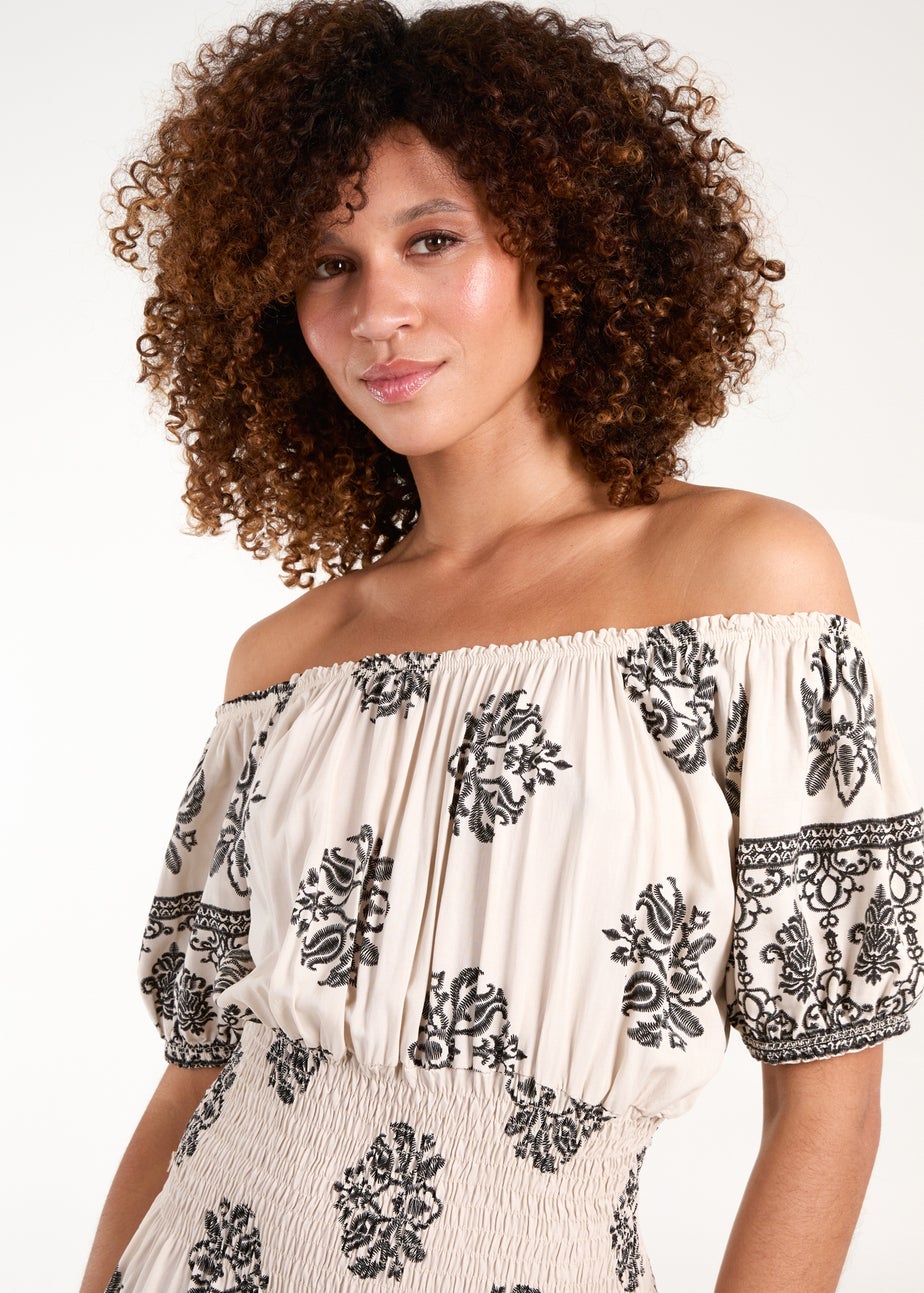 Blue Vanilla White Batik Print Shirred Waist Midi Dress