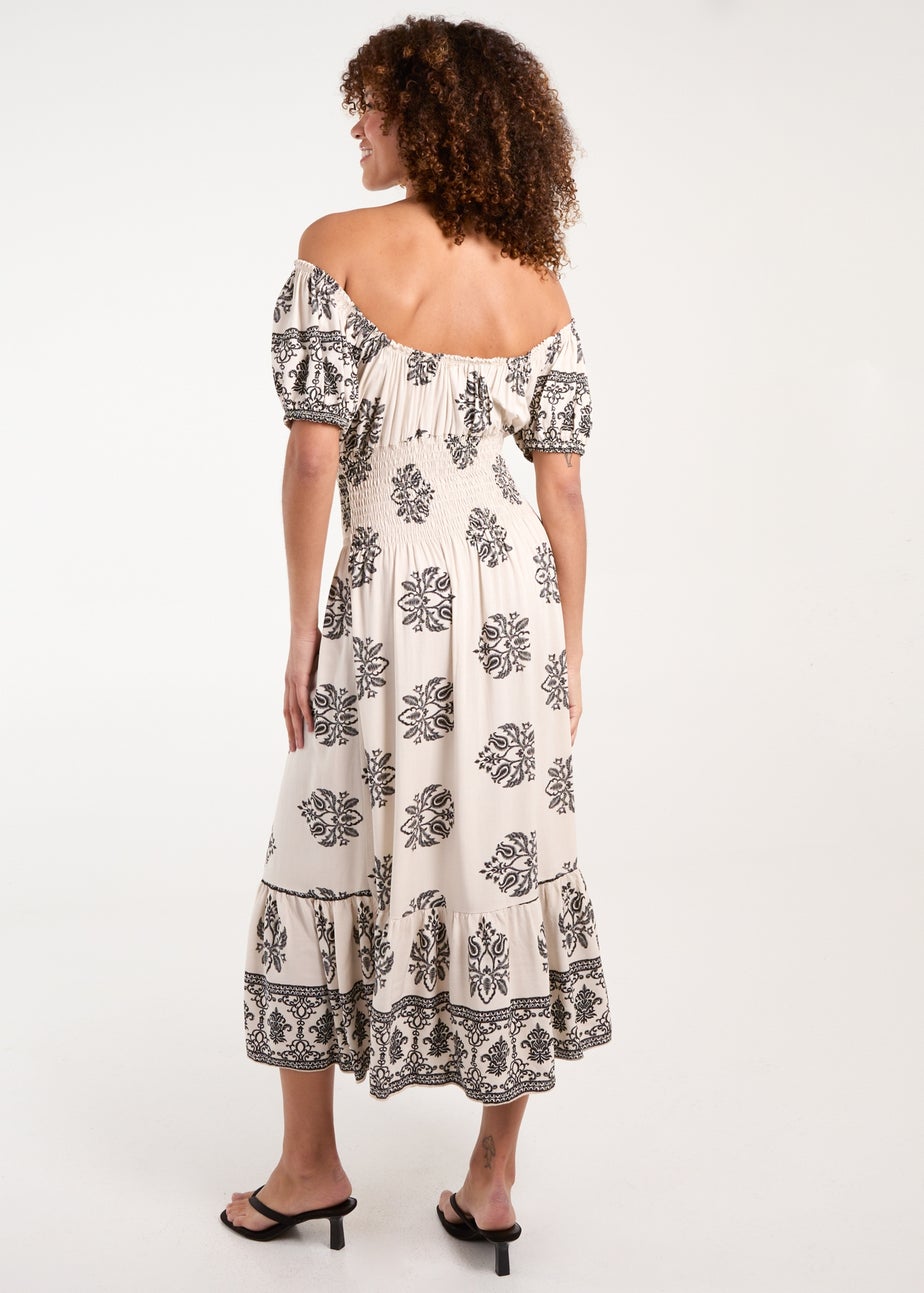 Blue Vanilla White Batik Print Shirred Waist Midi Dress