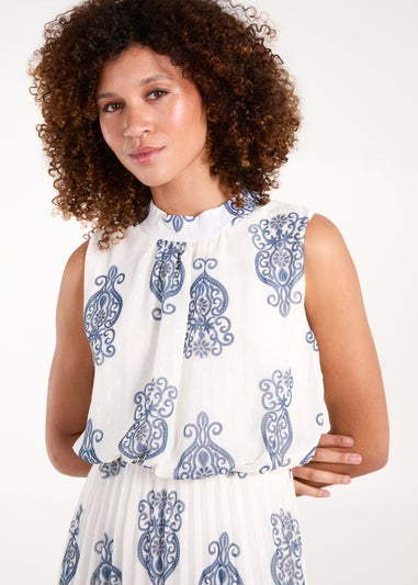 Blue Vanilla Ivory Metallic Sleeveless Pleated Midi Dress