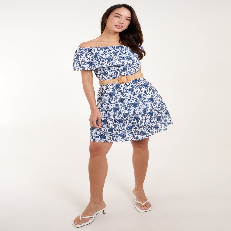 Blue Vanilla Navy Bardot Broderie Mini Belted Dress